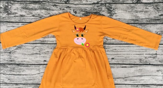 new arrivals spring/winter girls clothes mustard floral cow sunflower cotton ruffle baby kids clothes long sleeve knee dress