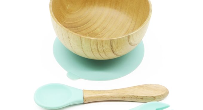 Baby Feeding Bowl Baby Dinner Plate Wooden Kids Feeding Dinnerware With Silicone Suction Cup Wooden Fork Spoon Children's Dishes