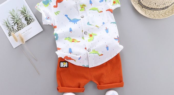 Cute Baby Boy Clothes Summer Set 2021 New Cartoon Dinosaur Print Short Sleeve Shirt + Pants for 1 2 3 4 Years Kid Toddler Outfit