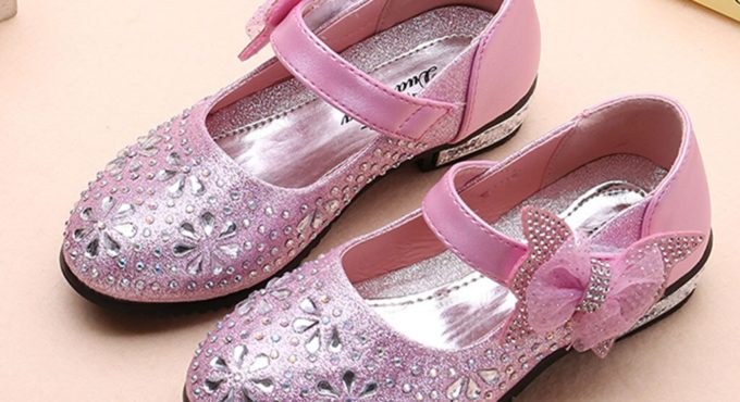 Girls Leather Princess Shoes for Girls Flower Casual Glitter Children High Heel Girls Shoes Butterfly Knot Pink Gold 26