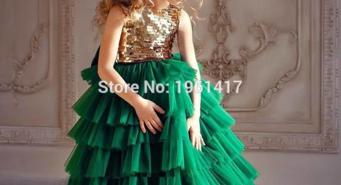 2020 ins Princess Flower Girls Wedding Dresses Children's Sequined Dress Baby Birthday Party Sleeveless Golden+Green Dress Baby