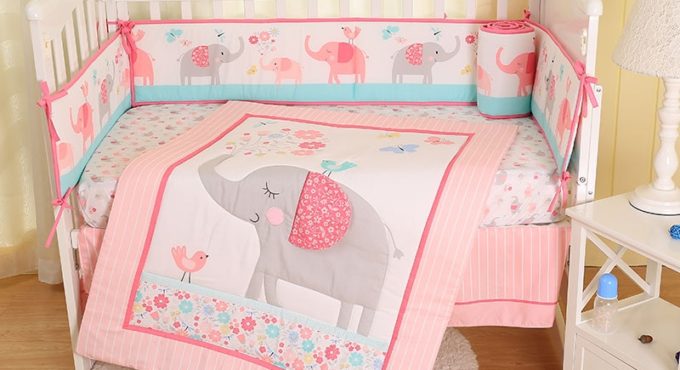 Baby Bedding Crib Set 7PCS Cute Pink Elephant Nursery Bedding Crib Cot Bedding Sets for Baby Girls and boys