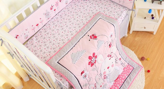 Baby Girl Crib Bedding Sets Pink Rabbit 7 Piece 100% Cotton Pink Crib Set with Bumpers,Crib sheet, Comforter, Crib Sheet, Ruffle