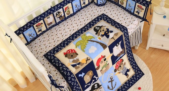 Baby Boy Crib Bedding Sets Pirate Dog 7 Piece 100% Cotton Pink Crib Set with Bumpers,Crib sheet, Comforter, Crib Sheet, Ruffle