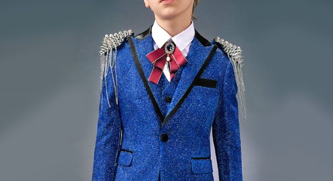 Blue Shiny Children Flower Boys Suits Kids Blazer Formal Dress Suit For Weddings Birthday Clothes Boy Catwalk Jackets Vest Pants