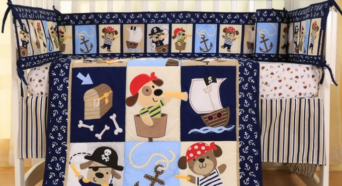 Crib Bedding Sets for Boys Blue Pirates Baby Crib Sets 7 Piece Newborn Cot Nursery set-quilt, sheet, ruffle and bumpers