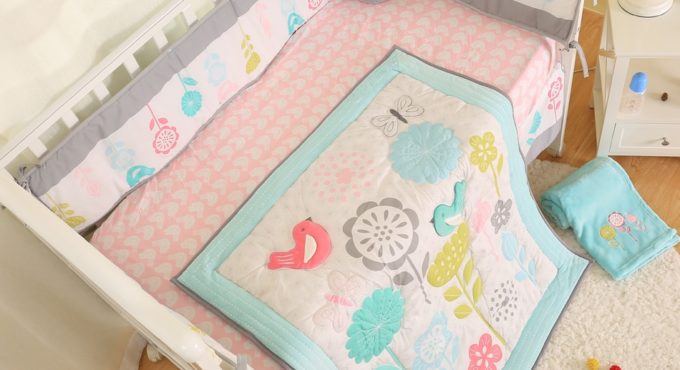 5 Piece Mint Green and Grey Baby Crib Bedding Set birds for girls and boys-comforter, fitted sheet, skirt,bumpers,blanket