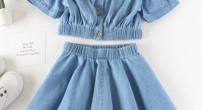 Summer Girls' Clothing Sets Korean Denim Short-sleeved T-shirt+High Waist Skirt 2PCS Baby Kids Clothes Suit Children Clothing