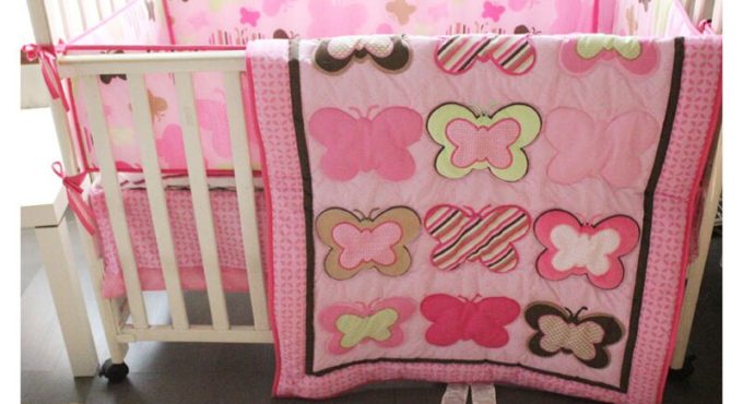 Baby Crib Nursery Bedding Set Butterfly Pattern Pink Girls 4pcs Cotton 2020 New Design Hot sale cheep with Bumper Pad