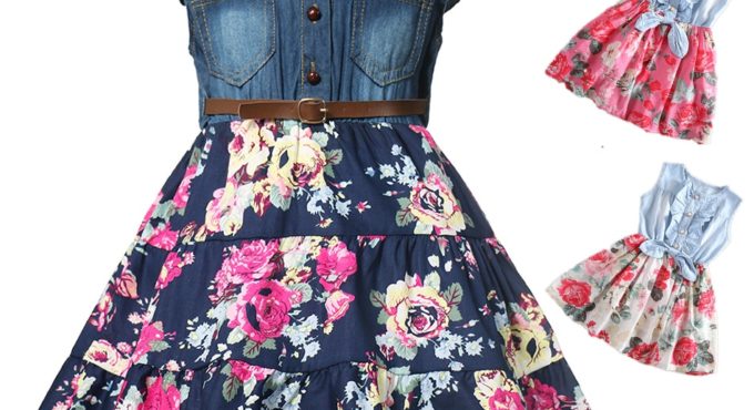 Girls Denim Floral Dress Summer Party Dress with Belt Children Flying Short Sleeve Casual Clothing Baby Girl Kids Fashion Outfit