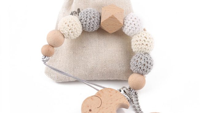 1PC Baby Pacifier Chain Elephant Wooden Clip Geometric Crochet Beads Bag Wood Teether Tiny Rod Dummy Clips Baby Pacifier Holder