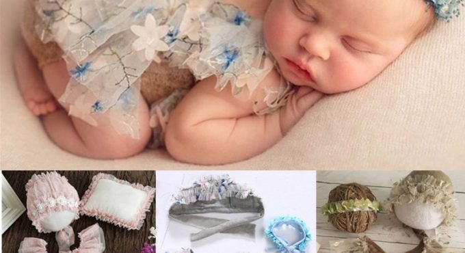 3Pcs Newborn Photography Props Suit Lace Romper Hat Pillow Headband Set Knit Outfits Clothing Infants Shooting Photo Gifts