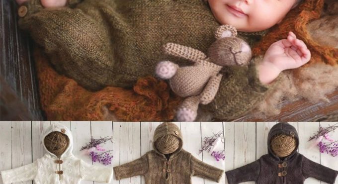 Newborn Photography Props Suit Romper with Hat Long Sleeve Jumpsuits Bodysuit Handmade Knit Outfit Clothing Infants Shower Gift