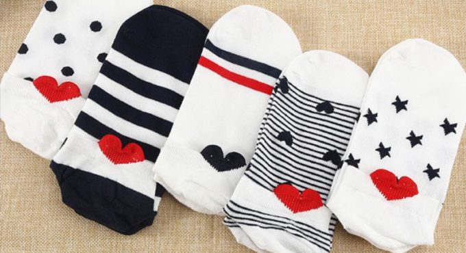 Women Girl Harajuku Japanese Low Cut Invisible Boat Socks Cute Red 3D Love Heart Patch Stripes Polka Dot Printed Cotton Hosiery