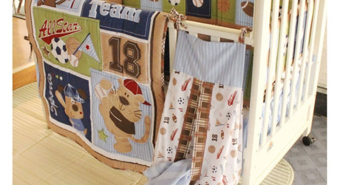 6pcs brown sport Baby Nursery Crib Bedding Set new design-Quilt, Blanket,Crib sheet, crib skirt, bumpers,nappy stacker, blanket