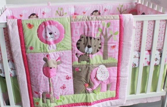 100% Cotton Nursery Bedding 7Piece Baby Girl Elephant Crib Set (pink blue grey) new design hot sale