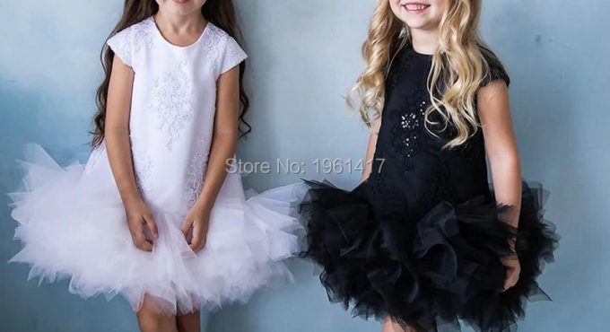 Cute White/Black Satin Baby Girls Dresses for Party Knee Length Children Kids Clothes Birthday Lace Dresses