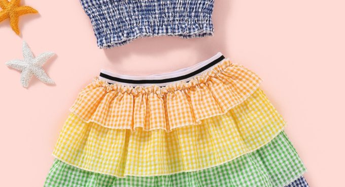 Toddler Baby Girls Clothes Set Plaid Clothes Vest Crop Top V Neck Skirt Ruffles Summer Outfit Set New 18M-6Y