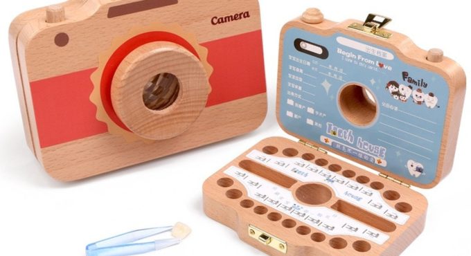 Wooden Baby Teeth Box Baby Tooth Keepsake Box Camera Shaped Wooden Container Storage Teeth Kids Gift Tandendoosje Caja Dient