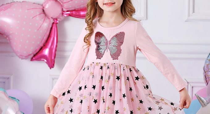 VIKITA Autumn Girls Dress Butterfly Sequins Kids Long Sleeve Dresses Baby Girls Princess Dress Party Clothes Birthday Dresses