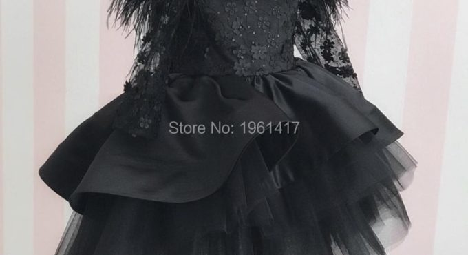 Flower Girl Dress Black Lace Feather With Bow High Low Style Girls Pageant Gowns Birthday Party Long Sleeve Dresses