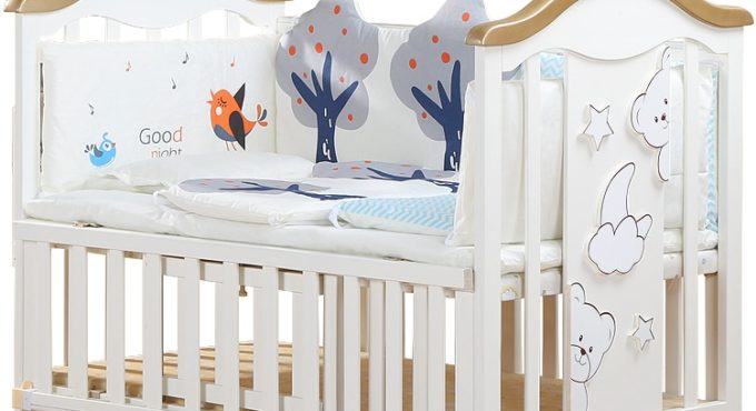 Luxury Solid Wood Baby Bed European Multifunctional White Baby Cradle Bed Newborn Stitching Bed With Mattress Send 5 Pcs Set