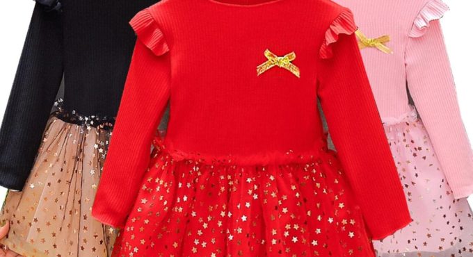 Children's Clothes Christmas TUTU dresses Full Sleeve Gold Star Red Pink Princess Knitting Dress For Girls Baby Cute Vestidos