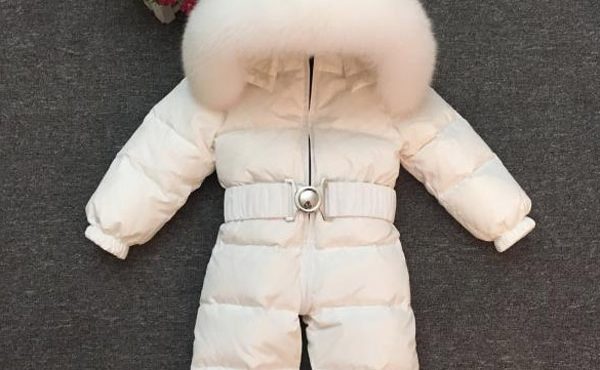 Winter Kids Girls Boys Snowsuit Jumpsuit Baby White Duck Down Jackets Real Big fox Fur Hooded Rompers