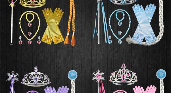 Halloween Girls Princess Accessories Set Elsa Anna Rapunzel Aurora Jasmine Crown Magic Wand Necklace Gloves Wig Party Headwear