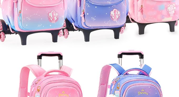 Original Disney Pull Rod Schoolbag For Girls Grade 3-6 Princess 3 Wheel Climbing Girls Dual Purpose Children's Backpack