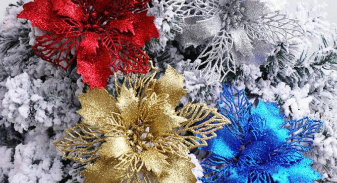 6 Styles Artificial Flowers Christmas Fake Flowers Glitter Merry Christmas Tree Ornaments Baby Photographic Decoration Hot Sale